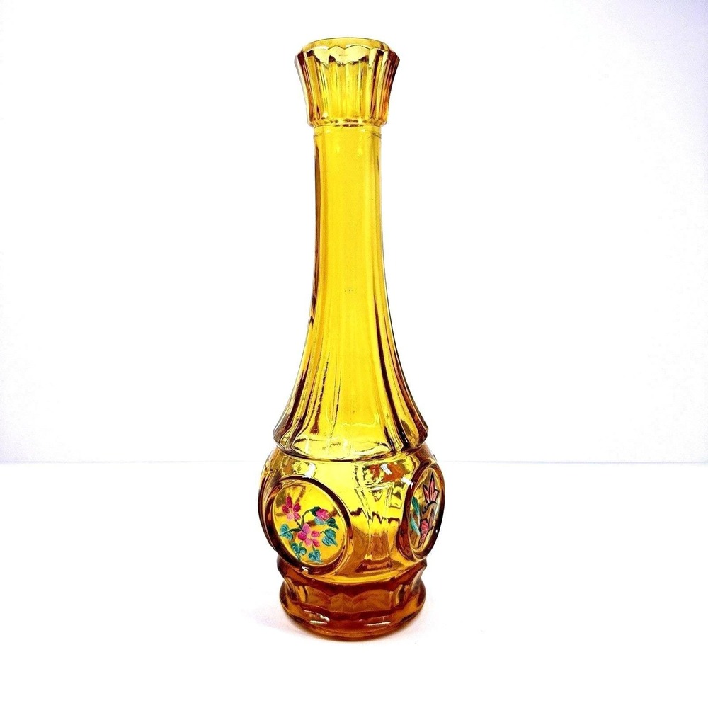 Vintage Amber Glass Bottle Vase Hand Painted Floral Panels Narrow Neck Decor